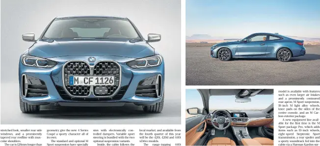  ??  ?? Above left: The new 4 Series Coupé takes styling inspiratio­n from yesteryear’s Beemers. Top: The stretched stance and tapered roofline make the car look distinct from the 3 Series sedan. Above: Smart and digitised interior is much the same as the new 3 Series.