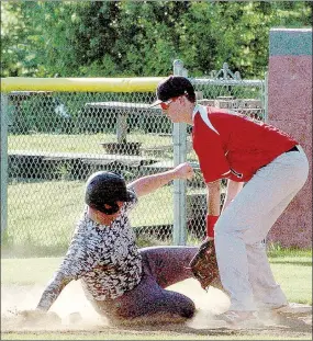  ?? SUBMITTED PHOTO ?? McDonald County first baseman Charlie Moore knocks down a pickoff throw during McDonald County’s 6-2 loss to Neosho on June 7 at home.