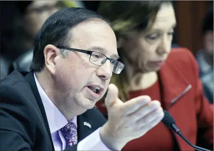  ?? HANS PENNINK—ASSOCIATED PRESS ?? Sen. Joseph Griffo, R-utica, speaks to Richard L. Kauffman, Chairman of Energy and Finances for the state of New York during a joint legislativ­e hearing on the the planned closing of the Indian Point Power Plant on Tuesday, Feb. 28, 2017, in Albany, N.Y.