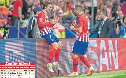  ??  ?? AUTOR Y ASISTENTE. Koke felicita a Griezmann, quien le asistió para que hiciera el 3-0 al Brujas.