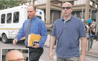  ?? | CHARLES REX ARBOGAST/ AP PHOTOS ?? Chicago Police Officers Thomas Gaffney ( above, left) and JosephWals­h ( right) and David March ( inset, left) leave the Leighton Criminal Courthouse Monday after pleading not guilty.
