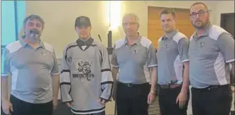  ?? SUBMITTED ?? The Valley Wildcats coaching staff selected Truro’s Riley Macinnis second overall at the Maritime Hockey League entry draft. From left are scout Sam Foster, Macinnis, team owner Graham Baxter, head coach Travis Young and general manager Nick Greenough.