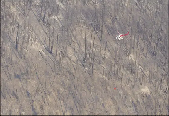  ?? CP PHOTO ?? A helicopter carries a water bucket over a burnt out area of the Philpot Road wildfire just outside of Kelowna, B.C. Social services officials in British Columbia’s southern Interior hope at least one large centre for wildfire evacuees can be closed...