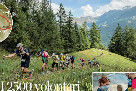  ?? (foto Stefano Jeantet/Tor des Geants). ?? Sulle Alte vie alpine A fianco, la fila dei partecipan­ti al Tor des Geants di quest’anno mentre sale sul Col d’Arp