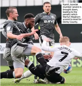  ??  ?? Kamil Jozwiak (number seven) is brought down, leading to the penalty which Martyn Waghorn scored to level for Derby County.