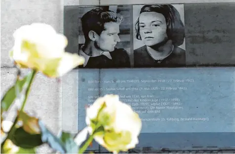  ?? Fotos: Alexander Kaya (2), Ralph Peters/Imago ?? Frische weiße Rosen zieren am gestrigen Mittwoch die Gedenktafe­l mit den Fotos von Hans und Sophie Scholl in der Olgastraße 139 in Ulm. Dort hat die Familie Scholl sechs Jahre lang gelebt.