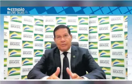  ?? REPRODUCAO/ ESTADAO TALKS ?? Proposta. Mourão defende que isolamento seja acompanhad­o de testes e afirma que aguarda pesquisas com cloroquina