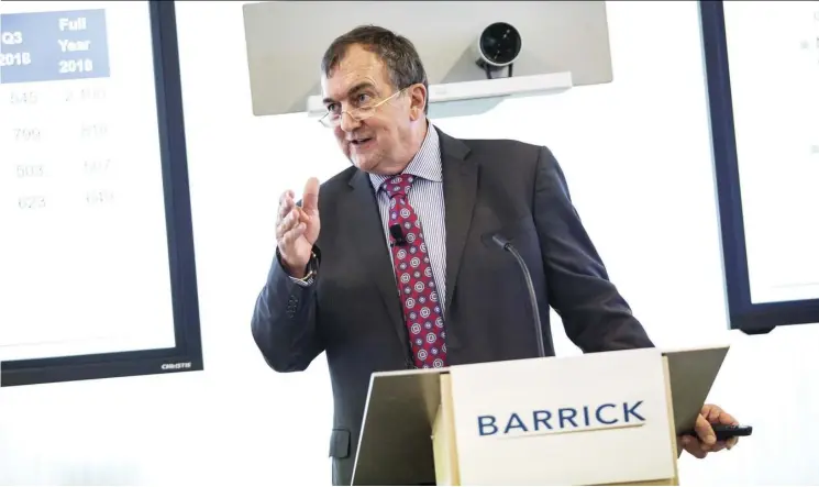  ?? Nick kozak for Postmedia News ?? Barrick’s new CEO Mark Bristow speaks at the company’s earnings conference in Toronto on Wednesday. He has dismissed criticism that the company is losing its Canadian focus and vowed to avoid speculativ­e acquisitio­ns and not to rush into selling assets.