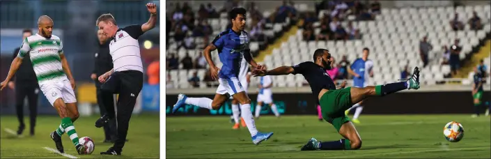  ??  ?? Etha n Boyle with current Ireland manager Stephen Kenny during a Shamrock Rovers versus Dundalk league tie in 2018.
Ethan Boyle stretches to get on the end of a cross during the Shamrock Rovers versus Apollon Limasol Europa League second qualifying round second leg match at the GSP Stadium in Nicosia, Cyprus, last August.