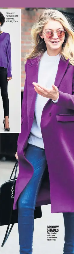  ??  ?? GROOVY SHADES Gigi Hadid matches sunglasses with coat