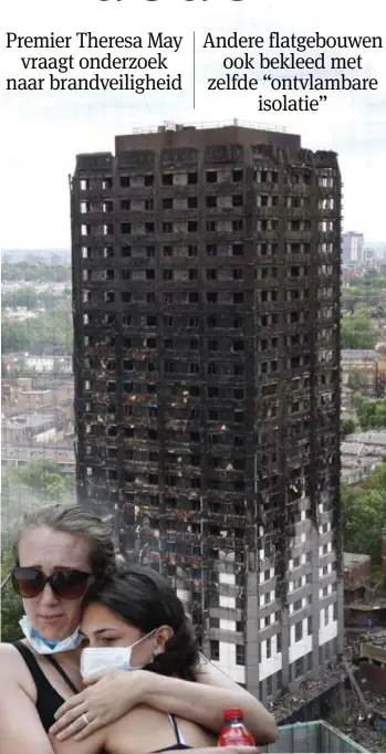  ??  ?? De Grenfell Tower is vrijwel helemaal uitgebrand. Er zouden nog heel veel lichamen in liggen. Daarom wordt gevreesd dat de dodentol tot honderd oploopt.
FOTO PHOTO NEWS