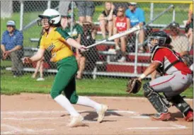  ?? RANDY MEYERS — THE MORNING JOURNAL ?? Amanda Crisler of Amherst hits a fly ball against Elyria on Thursday