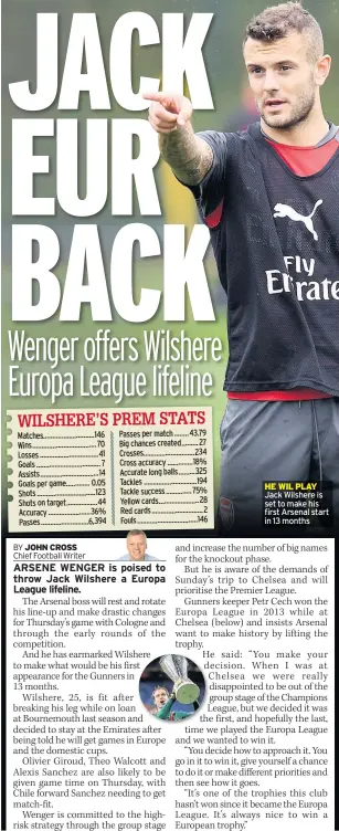  ??  ?? HE WIL PLAY Jack Wilshere is set to make his first Arsenal start in 13 months