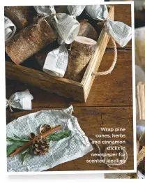  ??  ?? Wrap pine cones, herbs and cinnamon sticks in newspaper for scented kindling