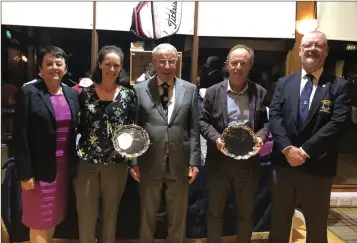  ??  ?? Wicklow Golf Club Golfsure Silver Salver winners Clair Higgins and Kevin O Mahony with sponsor Eamonn Sheridan, Lady Captain Terri Cullen and Captain Ian Mooney.