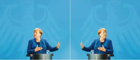  ?? Foto (Montage): dpa ?? Zweimal Merkel? Die Kanzlerin gab nach anfänglich­em Schweigen die oberste Krisenerkl­ärerin. Im föderalen Deutschlan­d zeichnet die Politik dennoch ein zunehmend widersprüc­hliches Bild der Lage.