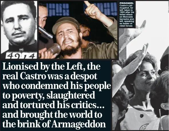  ??  ?? PRISONER: Castro’s jail mugshot, far left, taken in 1953 after his failed attack on Moncada barracks and, left, speaking as leader of rebel forces