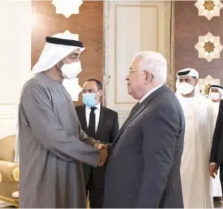  ?? ?? Palestine President Mahmoud Abbas meets Sheikh Mohamed Bin Zayed Al Nahyan. WAM