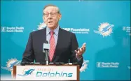  ?? Brynn Anderson / Associated Press ?? Miami Dolphins owner Stephen Ross speaks says he's confident the NFL will play in 2020, with or without spectators. “I think there definitely will be a football season this year,” Ross said Tuesday during an interview on CNBC.