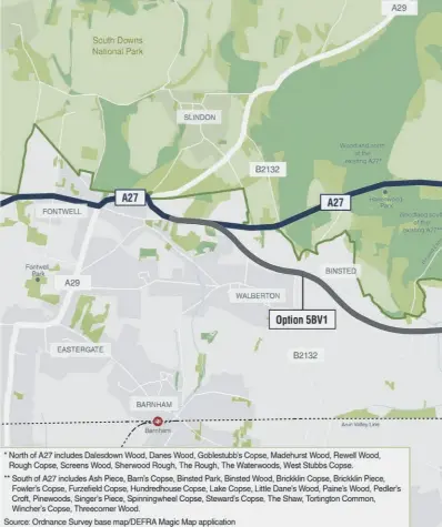  ??  ?? The proposed ‘grey’ route for the newa27 Arundel bypass