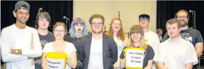  ??  ?? Pictured is Charlotte Denston, second from the left, with musicians that helped her raise funds for The Pancreatit­is Support Network.