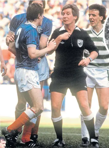  ?? ?? Brian Mcginlay keeps order during an Old Firm clash and (above) Andrew Waddell has words with Hearts keeper, Henry Smith, over that controvers­ial penalty at Tannadice