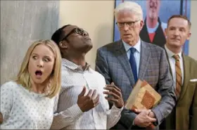  ?? Colleen Hayes/ NBC ?? “The Good Place” stars Kristen Bell as Eleanor, William Jackson Harper as Chidi, Ted Danson as Michael and Marc Evan Jackson as Shawn.