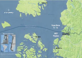  ??  ?? Map with the location of the new Tic-Toc Marine Park
and the Pitipalena Marine Coastal Protected. Área/Mapa con la ubicación del nuevo Parque Marino
Tic-Toc y la AMCP Pitipalena. (@WWF Chile).