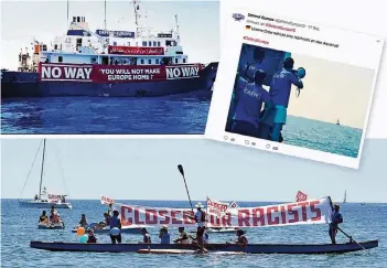  ?? SCREENSHOT­S: INSTAGRAM, TWITTER/FOTO: DPA ?? Die „C-Star“der Identitäre­n trägt ein Banner mit dem Spruch „Ihr werdet Europa nicht zu eurer Heimat machen“(o.l.). Die Kampagne „Defend Europe“postete, wie die „C-Star“dem Rettungssc­hiff „Aquarius“folgt (o.r.). Vor Catania protestier­ten Demonstran­ten...