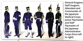  ??  ?? General Surgeon, Staff Surgeon, Attendant and Commander of the Japanese Medical Corps; Junior Paymaster and Staff Paymaster of the Japanese Administra­tive Corps (from left to right)