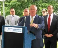  ??  ?? Cohoes Mayor Shawn Morse expresses his gratitude for the city receiving funding to turn a dangerous stretch of Route 787 that runs through the city into a boulevard-style roadway.