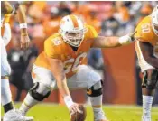  ?? STAFF FILE PHOTO BY ROBIN RUDD ?? Tennessee offensive lineman Jack Jones prepares to snap the ball during last season’s game against Tennessee Tech.