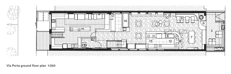  ??  ?? 1 Flexible dining room 2 Storage 3 Juliette balcony 4 Office 5 Exterior dining 6 Entry 7 Communal table 8 High bar dining 9 Banquette seating 10 Waiters station
11 Merchandis­e shelving 12 Coffee zone 13 Point of sale 14 Deli counter 15 Kitchen 16 Bins and grease pit 17 Food prep area 18 Fridge room 19 Freezer 20 Packaging area 21 Pastry sheeter