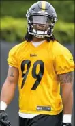  ??  ?? Keion Adams, a seventhrou­nd draft pick in 2017, is hoping to help fill the holes the Steelers have at outside linebacker this season.