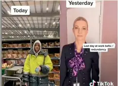  ??  ?? Sarah Jones’ 8-second TikTok video became popular when she posted about losing her airline job and then working as a supermarke­t warehouse shelver.