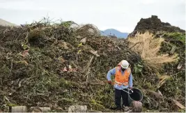 ?? DAMIAN DOVARGANES / AP ?? Republic Services operator George Maya removes plastic from a mountain of yard, garden and landscape waste at the Otay Landfill in Chula Vista, Calif., on Jan. 26. The state aims to keep organic waste from piling up in landfills.