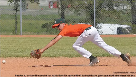  ?? STEVEN MAH/SOUTHWEST BOOSTER ?? Peewee 57’s second baseman Briar Harris dove for a ground ball during Friday’s game against the Muenster Red Sox.