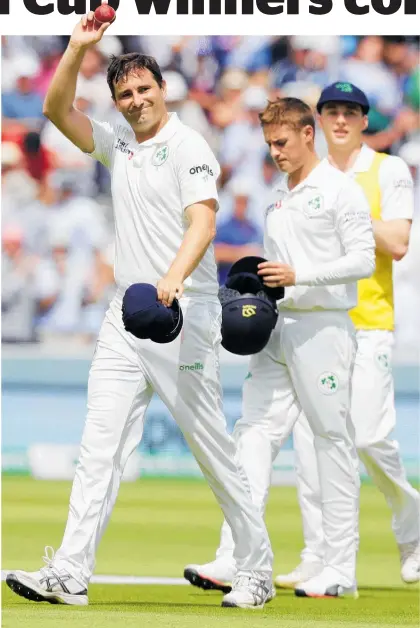  ?? Photo / AP ?? Ireland’s Tim Murtagh salutes after taking five wickets for only 13 runs.
