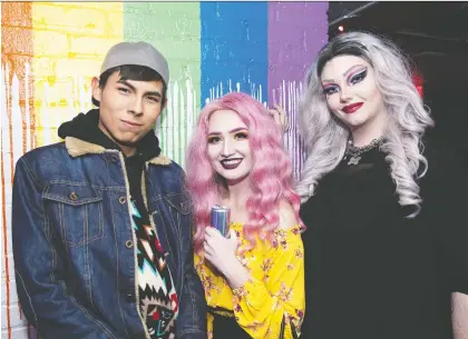  ?? PHOTOS: CODIE MCLACHLAN ?? From left, Blake Muskwa, Faith Zdebiak and Billie Eyelash during the Stiletto Awards at Evolution Wonderloun­ge last Sunday.