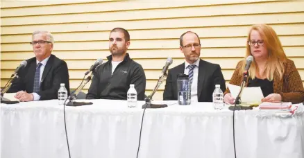  ?? BRENDAN AHERN/THE NEWS ?? Pictou Mayor Jim Ryan, Caribou fisherman Colton Cameron, Fishermen’s Working Group lawyer Jamie Simpson and Friends of the Northumber­land Strait president Jill Graham Scanlan held a joint press conference in Pictou on Nov. 19 rejecting Northern Pulp’s Focus Report.