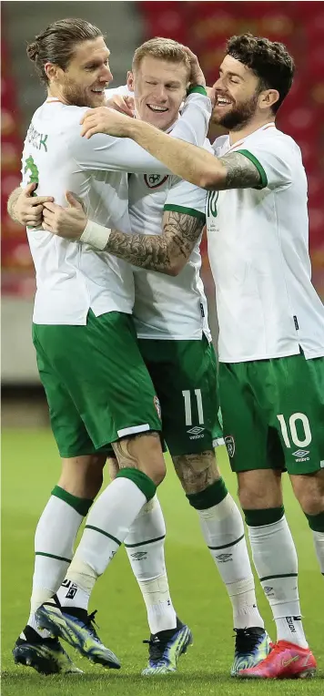  ??  ?? GOAL GLORY: Stoke City’s James Mcclean, centre is congratula­ted after scoring against Qatar in midweek. However, Potters manager Michael O’neill has questioned the amount he played for Ireland in the internatio­nal break after having several conversati­ons with boss Stephen Kenny, above left, about Mcclean’s fitness.