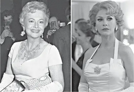  ??  ?? Olivia de Havilland is surrounded by photograph­ers in Rome in 1968, left; actress Catherine Zeta-Jones portrays her in a TV show, right.