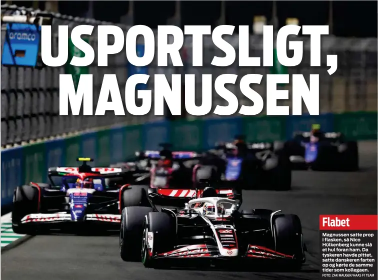  ?? FOTO: ZAK MAUGER/ HAAS F1 TEAM ?? Magnussen satte prop i flasken, så Nico Hülkenberg kunne slå et hul foran ham. Da tyskeren havde pittet, satte danskeren farten op og kørte de samme tider som kollegaen.