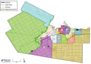  ?? COURTESY CITY OF HAMILTON ?? This ward boundary review map shows Option 1, which is a modified version of the existing ward structure based on council feedback. A consultant says this option doesn’t “fundamenta­lly change the existing structure.”