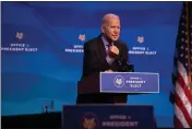  ?? KRISTON JAE BETHEL — THE NEW YORK TIMES ?? President-elect Joe Biden speaks in Wilmington, Del., on Friday. Some Democrats will be urging Biden to support investigat­ions and prosecutio­ns of an array of Trump aides and allies.