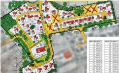  ?? Zeichnung: Planungsbü­ro Glogger ?? Lageplan des Baugebiets „Beatusstei­g“. Die gelben und rot durchgestr­ichenen Flä chen sind in Privatbesi­tz. Grüne Kreise mit schwarzem Punkt sind Bäume, die bleiben sollen.