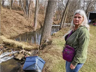  ?? JOHN FLESHER / ASSOCIATED PRESS ?? Sherry Bable stands near Sulphur Run, a creek near the spot where a train derailed in a fiery crash, on Feb. 25, in East Palestine. It’s among several local waterways where “Keep Out” signs are being posted as they are examined for contaminan­ts. Bable lives across the street and fears it’s no longer safe to be outside.