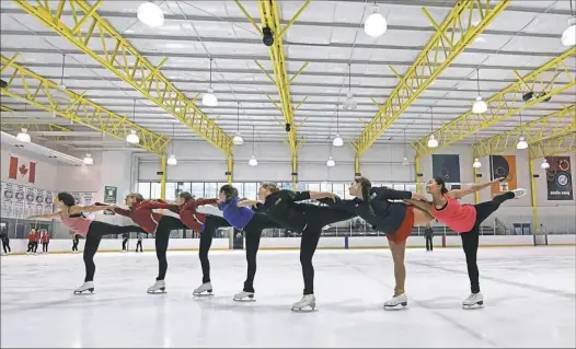  ?? Peter Diana/Post-Gazette ?? Jenny Shulkin, Kassidy Burke, Shannon Schollaert, Gianna Catanzarit­e, Olivia Mensch, Kaylee Pierce and Alexis Ky practice spiral lines at the RMU Island Sports Center on Neville Island.