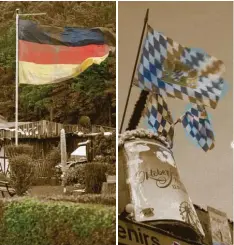  ?? Fotos: dpa ?? Wehende Botschafte­r, die überall Platz finden: (von links) die deutsche Nationalfl­agge in einem Schreberga­rten, bayerische Fahnen auf dem Oktoberfes­t, die Standarte des Bundespräs­identen auf dem Dach von Schloss Bellevue, die US‰Flagge bei der ersten Mondlandun­g.