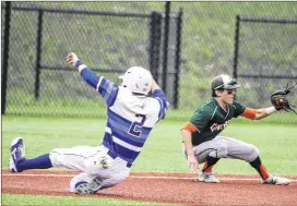  ?? RICARDO B. BRAZZIELL / AMERICAN-STATESMAN ?? Lago Vista’s Austin Polk beats the throw at third base ahead of Gateway Prep’s Quentin Reeb in Game 1 of their regional quarterfin­al series.